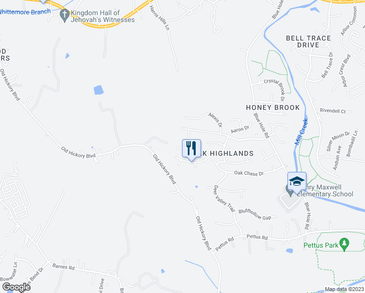 map of restaurants, bars, coffee shops, grocery stores, and more near 5562 Oak Chase Drive in Nashville