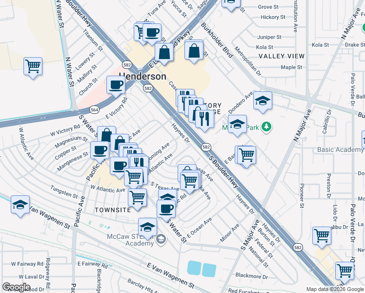map of restaurants, bars, coffee shops, grocery stores, and more near 75 East Atlantic Avenue in Henderson