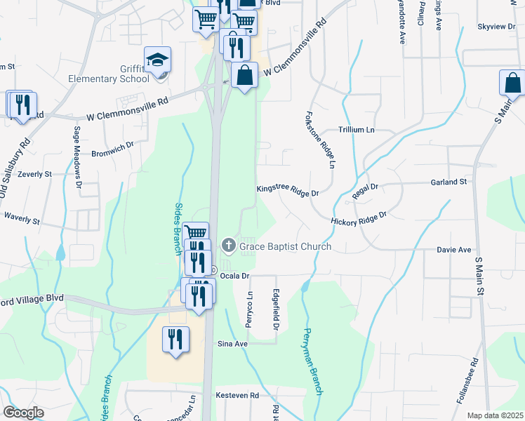 map of restaurants, bars, coffee shops, grocery stores, and more near 3141 Sides Road in Winston-Salem