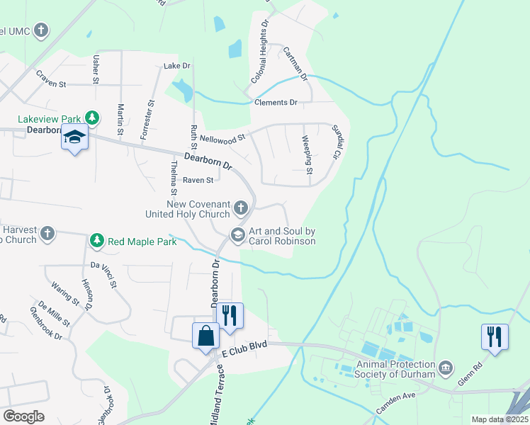 map of restaurants, bars, coffee shops, grocery stores, and more near 1475 Maplewood Drive in Durham