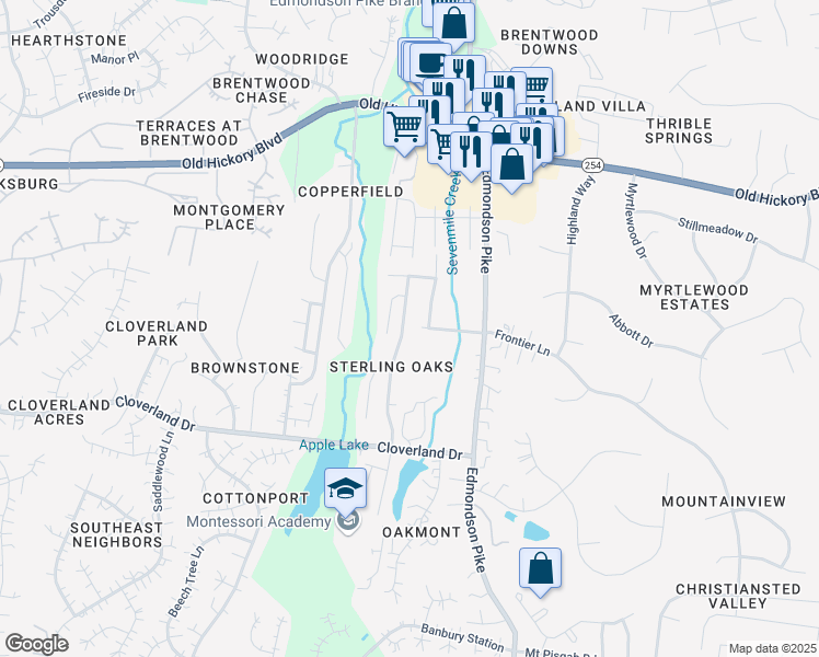map of restaurants, bars, coffee shops, grocery stores, and more near 5828 Montessori Drive in Brentwood