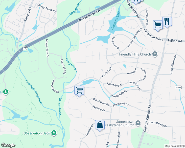 map of restaurants, bars, coffee shops, grocery stores, and more near 4623 Jamesford Drive in Jamestown