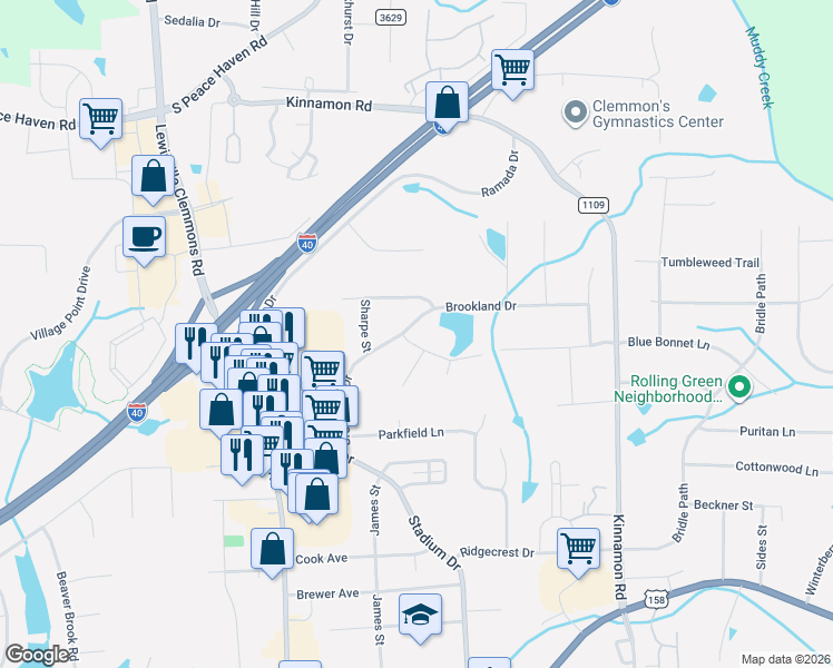 map of restaurants, bars, coffee shops, grocery stores, and more near 3425 Brookland Drive in Clemmons