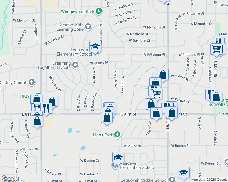 map of restaurants, bars, coffee shops, grocery stores, and more near 1824 South Maple Avenue in Broken Arrow