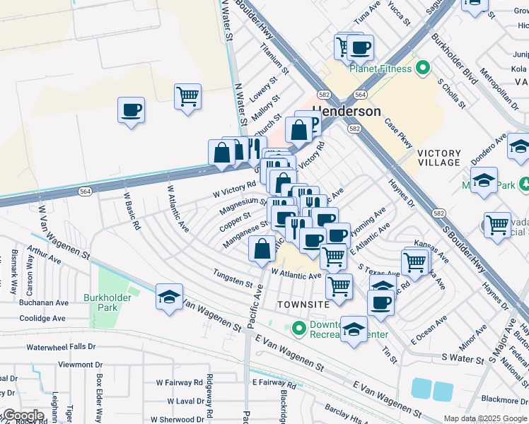 map of restaurants, bars, coffee shops, grocery stores, and more near 103 Copper Street in Henderson