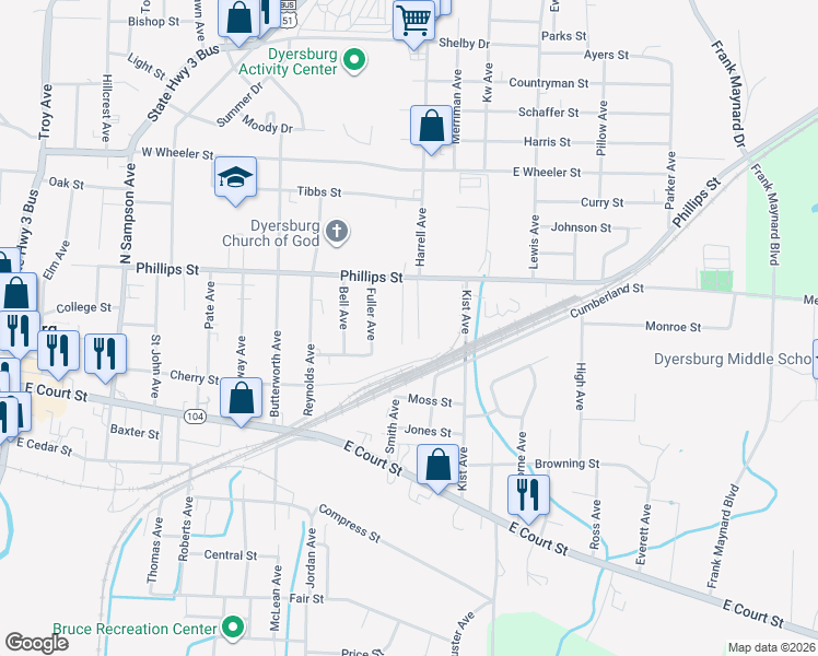 map of restaurants, bars, coffee shops, grocery stores, and more near 324 Victory Avenue in Dyersburg