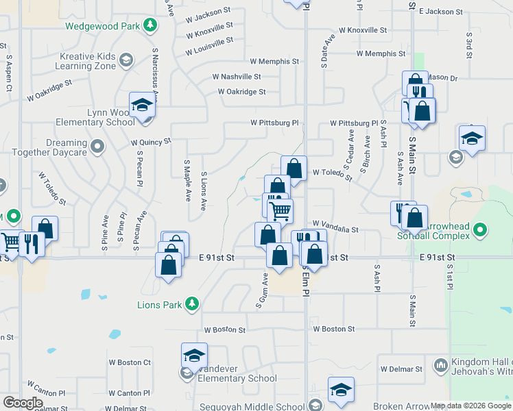 map of restaurants, bars, coffee shops, grocery stores, and more near 1604 South Gum Avenue in Broken Arrow