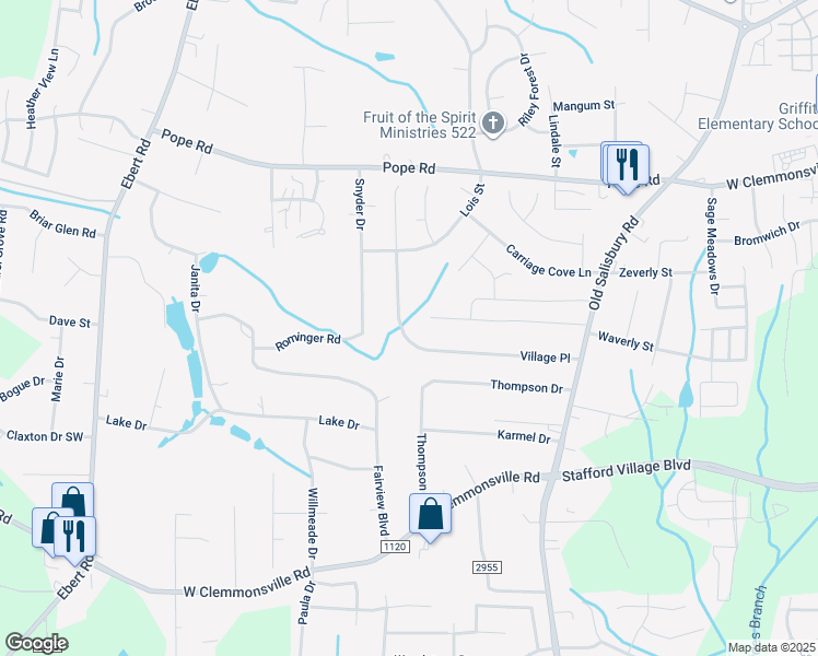map of restaurants, bars, coffee shops, grocery stores, and more near 1707 Village Place in Winston-Salem