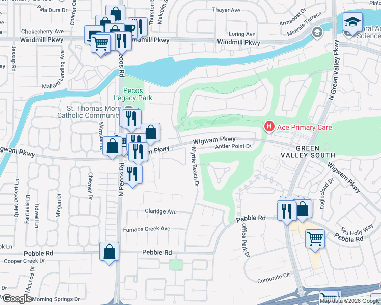 map of restaurants, bars, coffee shops, grocery stores, and more near 7 Wigwam Parkway in Henderson