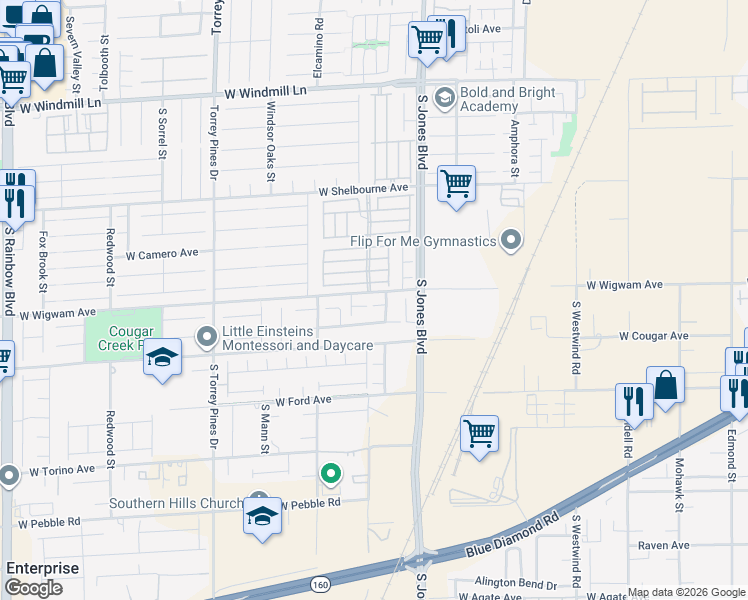 map of restaurants, bars, coffee shops, grocery stores, and more near 6182 West Blue Rapids Court in Las Vegas