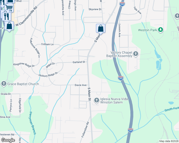 map of restaurants, bars, coffee shops, grocery stores, and more near 4241 South Main Street in Winston-Salem