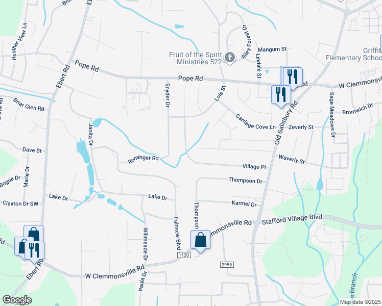 map of restaurants, bars, coffee shops, grocery stores, and more near 1707 Village Place in Winston-Salem