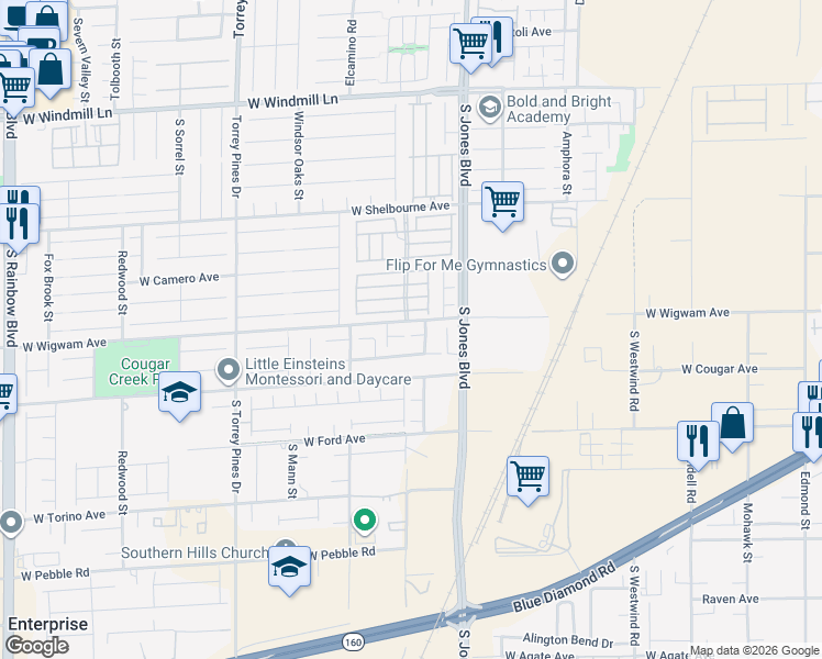 map of restaurants, bars, coffee shops, grocery stores, and more near 6182 West Blue Rapids Court in Las Vegas