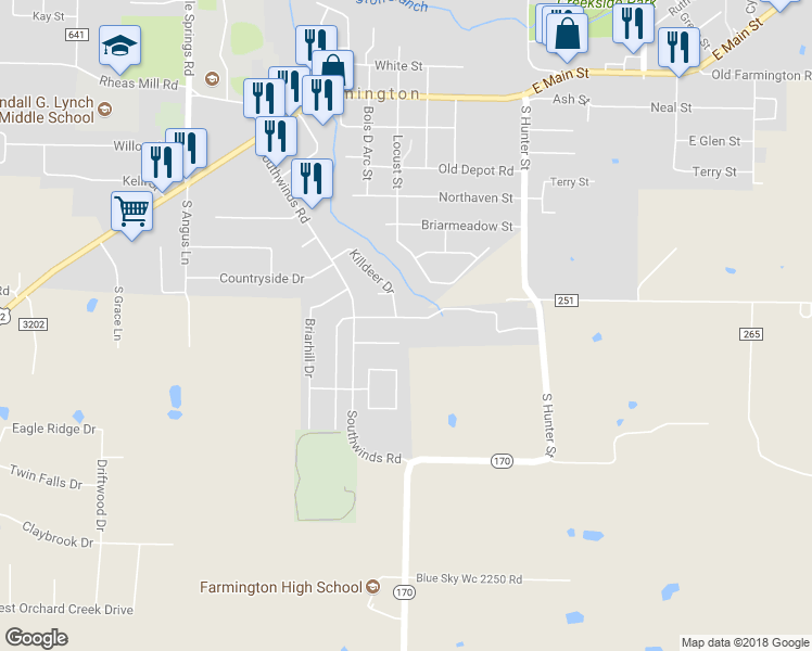 map of restaurants, bars, coffee shops, grocery stores, and more near 143 West Rainsong Street in Farmington