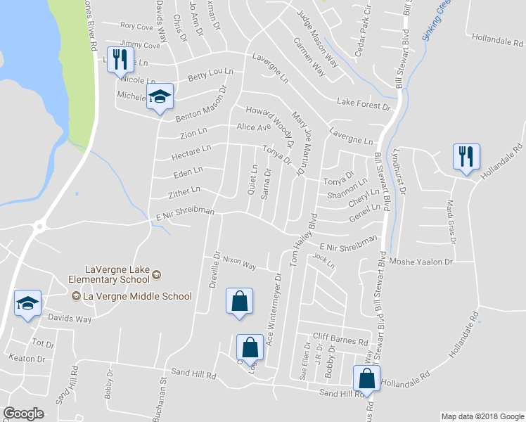 map of restaurants, bars, coffee shops, grocery stores, and more near 302 Sarna Drive in La Vergne