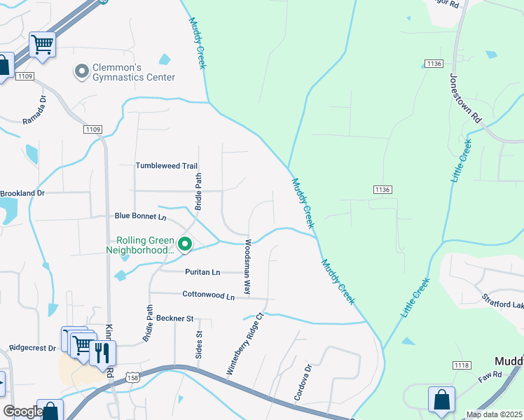 map of restaurants, bars, coffee shops, grocery stores, and more near 4635 Woodsman Way in Winston-Salem