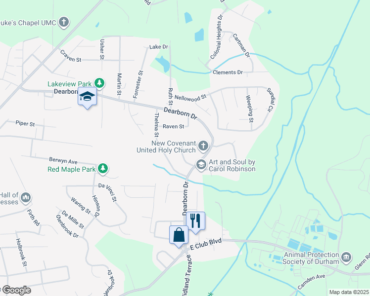 map of restaurants, bars, coffee shops, grocery stores, and more near 1329 Maplewood Drive in Durham