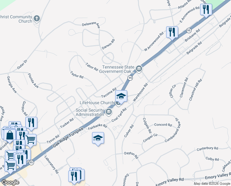 map of restaurants, bars, coffee shops, grocery stores, and more near 181 Tacoma Road in Oak Ridge