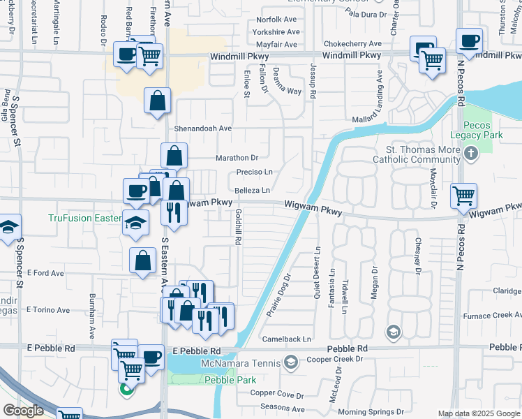 map of restaurants, bars, coffee shops, grocery stores, and more near 2836 Crystal Lantern Drive in Henderson