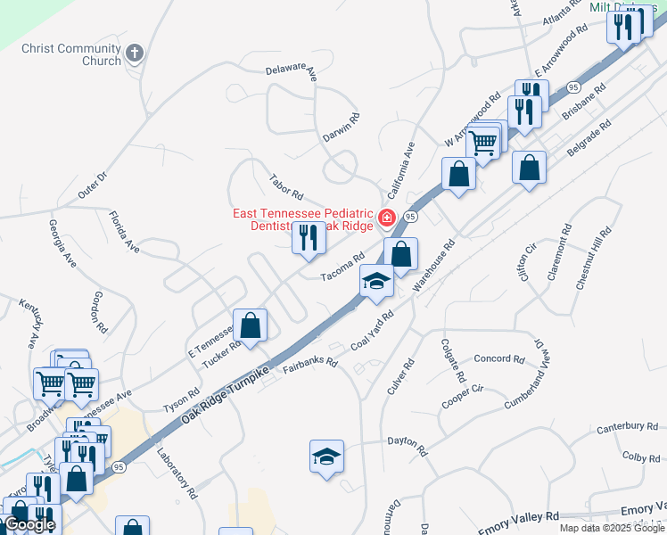 map of restaurants, bars, coffee shops, grocery stores, and more near 122 Tacoma Road in Oak Ridge