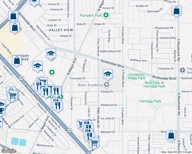 map of restaurants, bars, coffee shops, grocery stores, and more near 400 Palo Verde Drive in Henderson