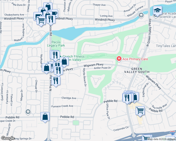 map of restaurants, bars, coffee shops, grocery stores, and more near 2459 Antler Point Drive in Henderson