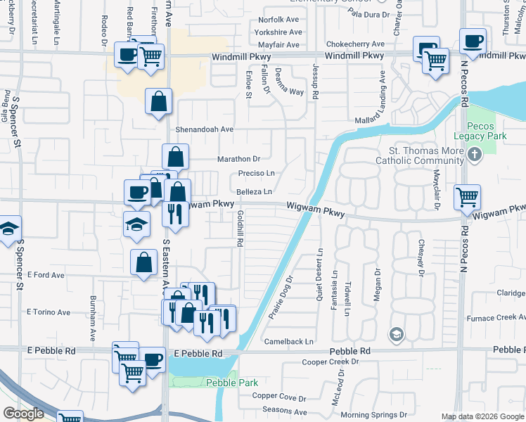 map of restaurants, bars, coffee shops, grocery stores, and more near 2836 Crystal Lantern Drive in Henderson