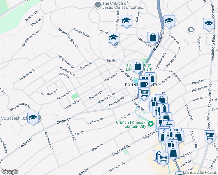 map of restaurants, bars, coffee shops, grocery stores, and more near 502 Balsam Drive in Knoxville