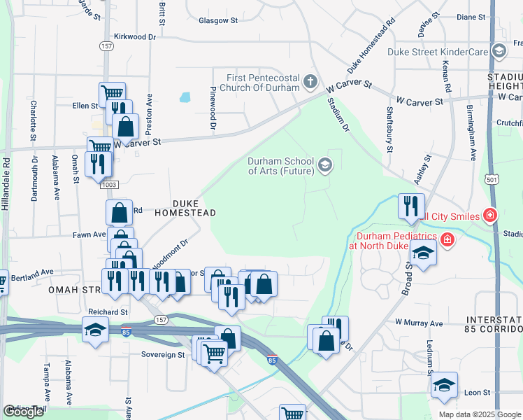 map of restaurants, bars, coffee shops, grocery stores, and more near 2820 Duke Homestead Road in Durham