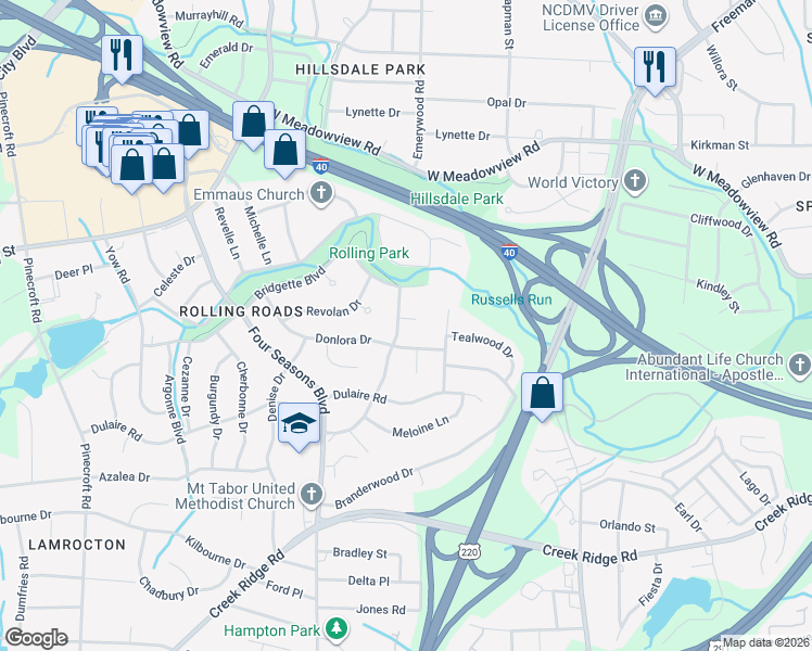 map of restaurants, bars, coffee shops, grocery stores, and more near 2310 Lourance Boulevard in Greensboro