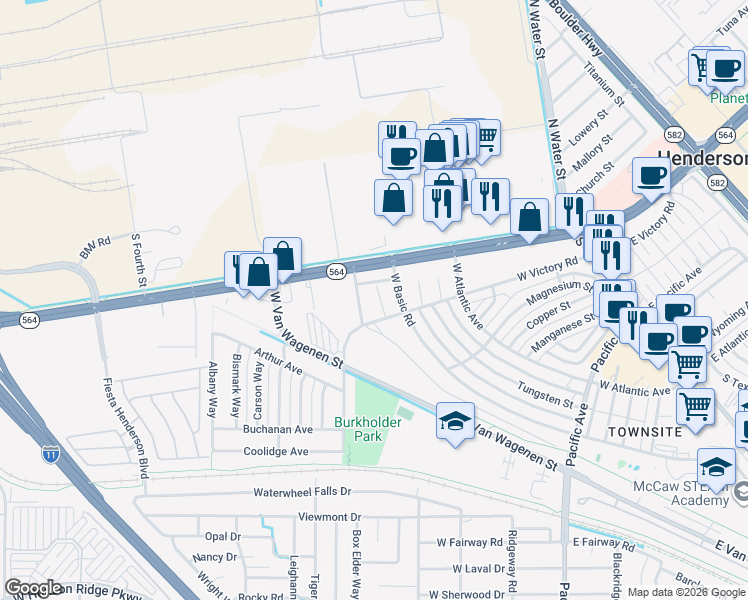 map of restaurants, bars, coffee shops, grocery stores, and more near 419 Ilmenite Way in Henderson
