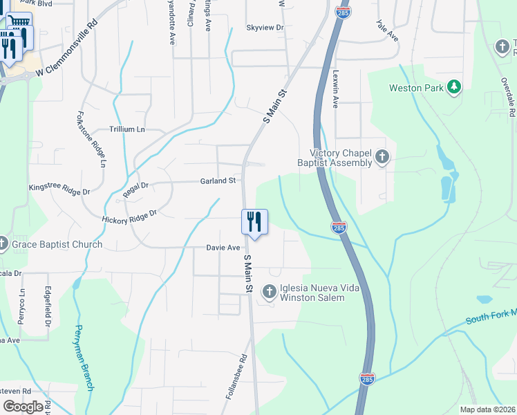 map of restaurants, bars, coffee shops, grocery stores, and more near 4241 South Main Street in Winston-Salem