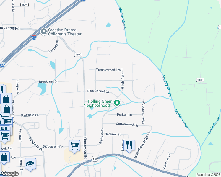 map of restaurants, bars, coffee shops, grocery stores, and more near 6031 Blue Bonnet Lane in Winston-Salem
