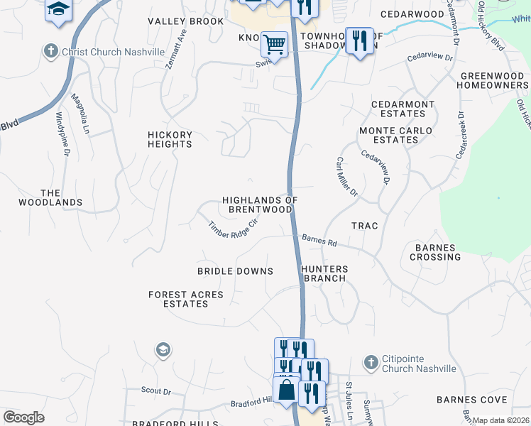 map of restaurants, bars, coffee shops, grocery stores, and more near 1409 Timber Ridge Circle in Nashville