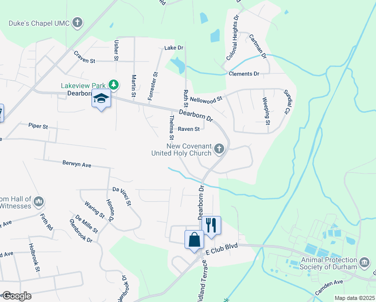 map of restaurants, bars, coffee shops, grocery stores, and more near 101 Red Bird Drive in Durham