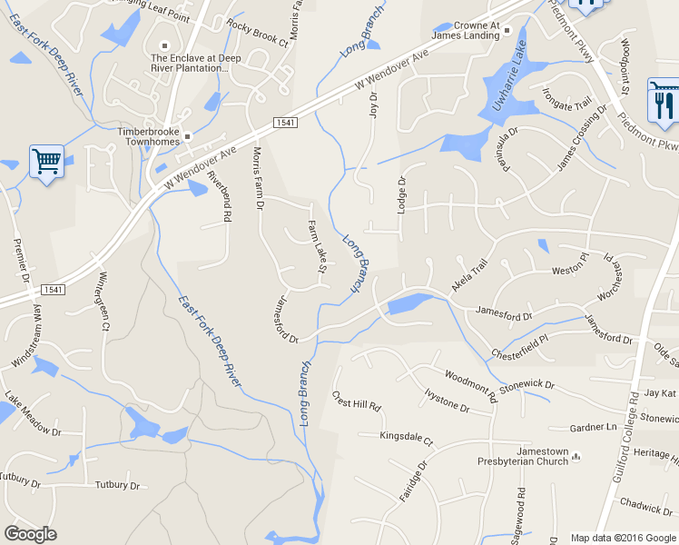 map of restaurants, bars, coffee shops, grocery stores, and more near 3204 Rider Court in Jamestown