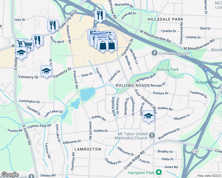 map of restaurants, bars, coffee shops, grocery stores, and more near 2516 Bridgette Boulevard in Greensboro