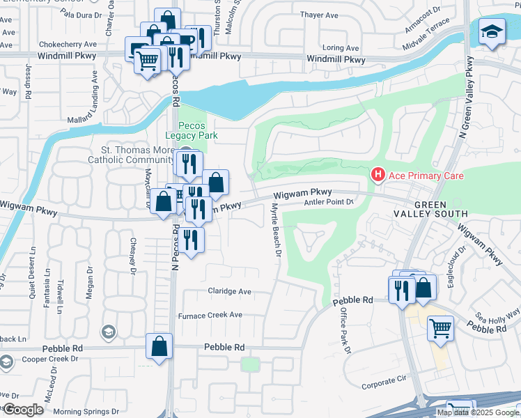 map of restaurants, bars, coffee shops, grocery stores, and more near 7 Wigwam Parkway in Henderson