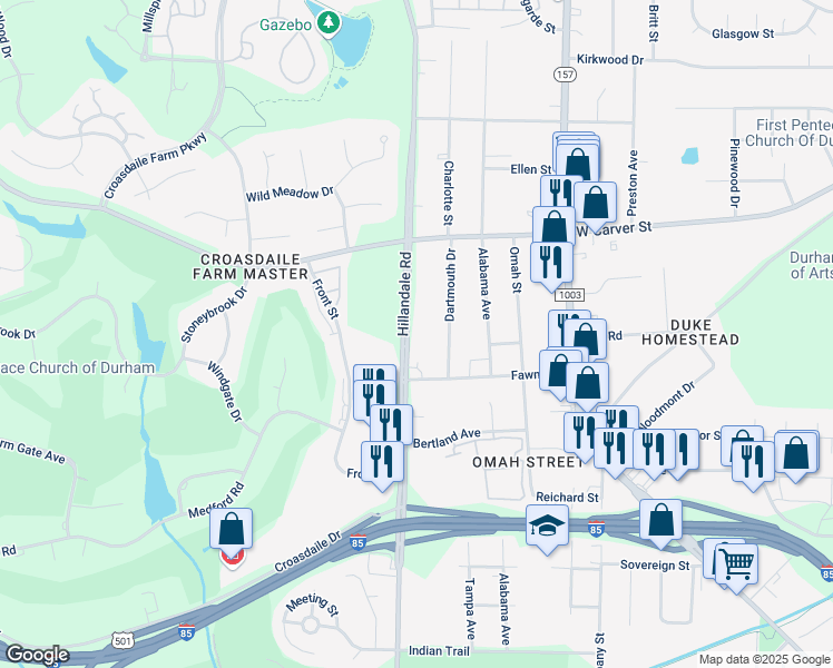 map of restaurants, bars, coffee shops, grocery stores, and more near 1920 Hillandale Road in Durham