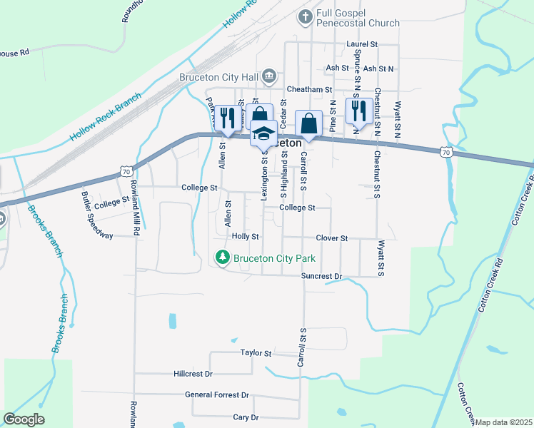 map of restaurants, bars, coffee shops, grocery stores, and more near 141 Lexington Street South in Bruceton
