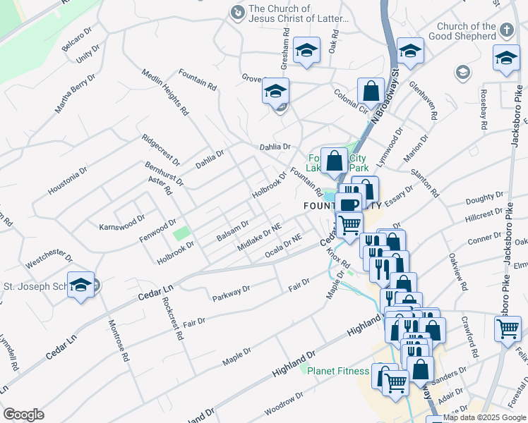 map of restaurants, bars, coffee shops, grocery stores, and more near 502 Balsam Drive in Knoxville