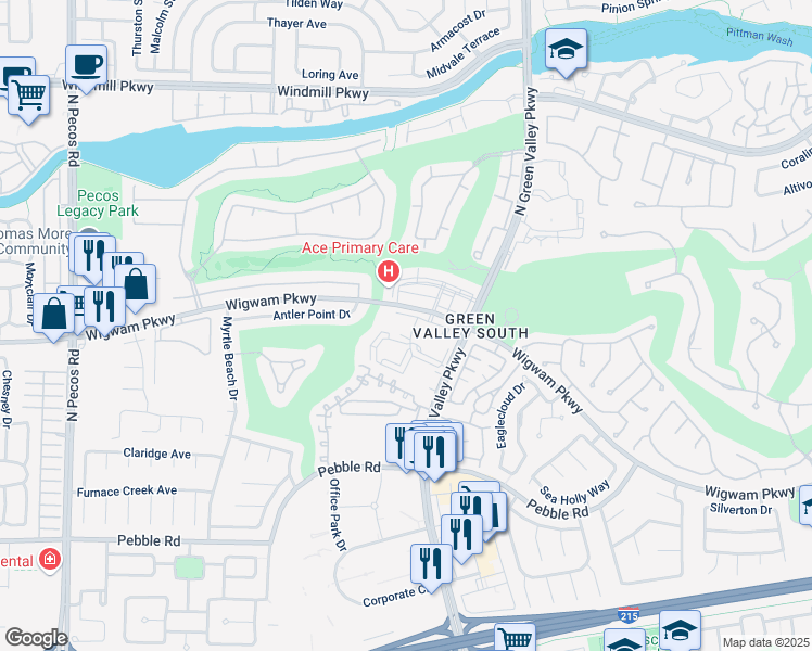 map of restaurants, bars, coffee shops, grocery stores, and more near 2251 Wigwam Parkway in Henderson