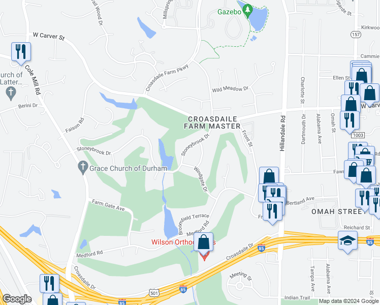 map of restaurants, bars, coffee shops, grocery stores, and more near 3315 Stoneybrook Drive in Durham