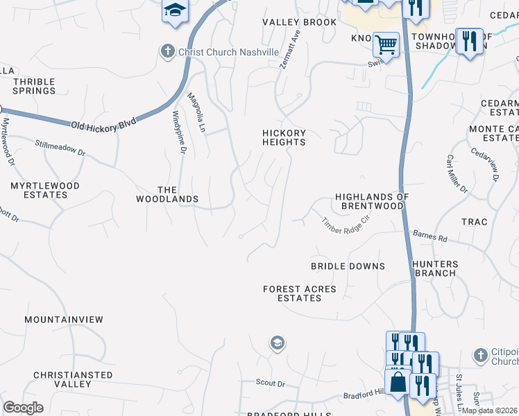 map of restaurants, bars, coffee shops, grocery stores, and more near 5949 Woodlands Avenue in Nashville