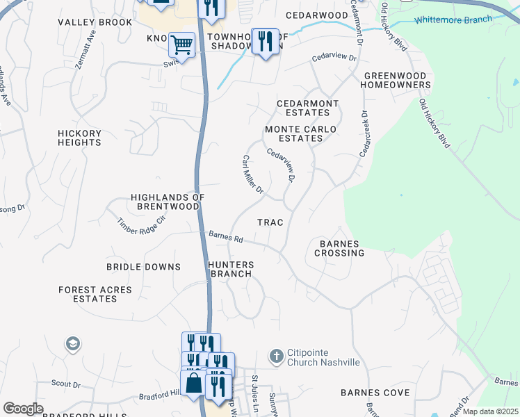 map of restaurants, bars, coffee shops, grocery stores, and more near 738 Ridgeview Court in Nashville
