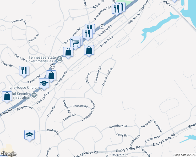 map of restaurants, bars, coffee shops, grocery stores, and more near 116 Claremont Road in Oak Ridge