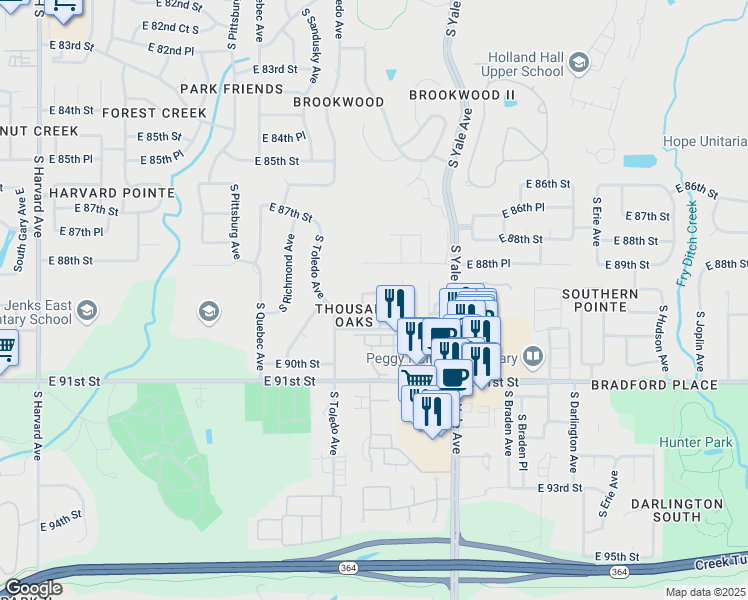 map of restaurants, bars, coffee shops, grocery stores, and more near 8808 South Urbana Place in Tulsa
