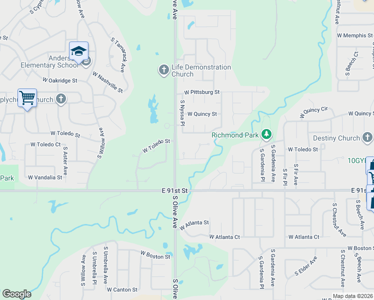 map of restaurants, bars, coffee shops, grocery stores, and more near 1907 South Nyssa Place in Broken Arrow