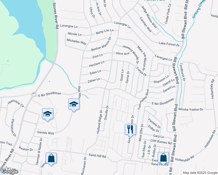 map of restaurants, bars, coffee shops, grocery stores, and more near 1404 East Nir Shreibman Boulevard in La Vergne