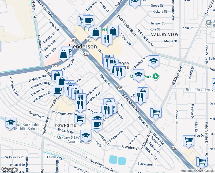 map of restaurants, bars, coffee shops, grocery stores, and more near 75 East Atlantic Avenue in Henderson